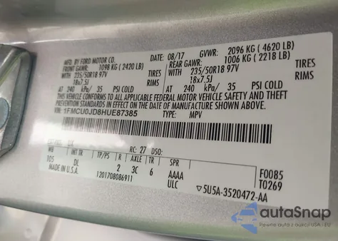 2017 Ford Escape Titanium z USA, uszkodzony, nr VIN 1FMCU0JD8HUE87385